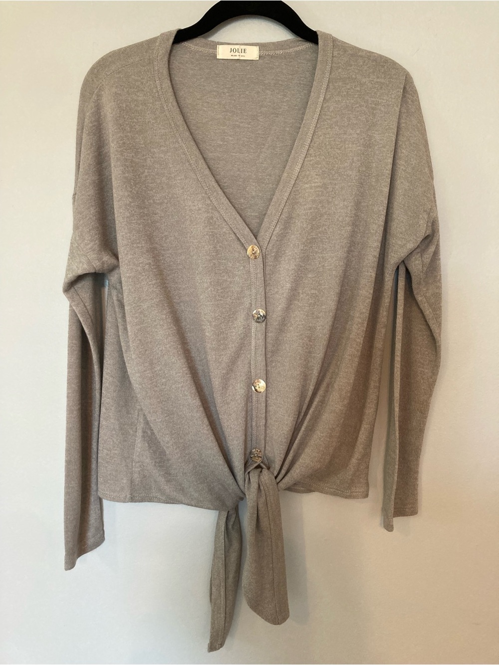 Tie-Front Button Gray Jolie Cardigan sz S Made in USA